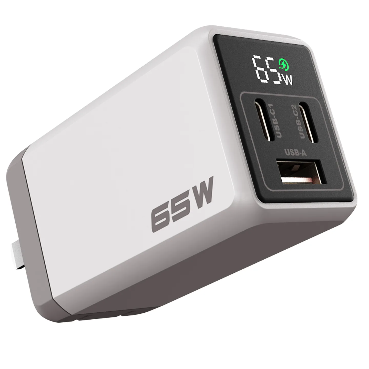 65W Three-Port Fast Charging Adapter — 65W marking on product enclosure